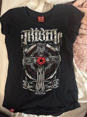 Tribal Black Tee with Silver Cross and Red Emblem